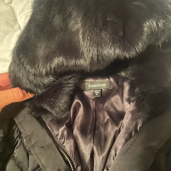 bebe Black Puffer Jacket with rabbit Fur Hood - Picture 3 of 4